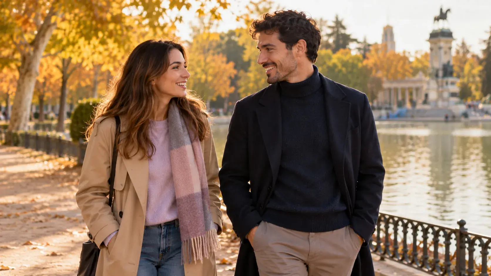Dos personas adultas pasean conversando junto al estanque de un parque de Madrid en otoño