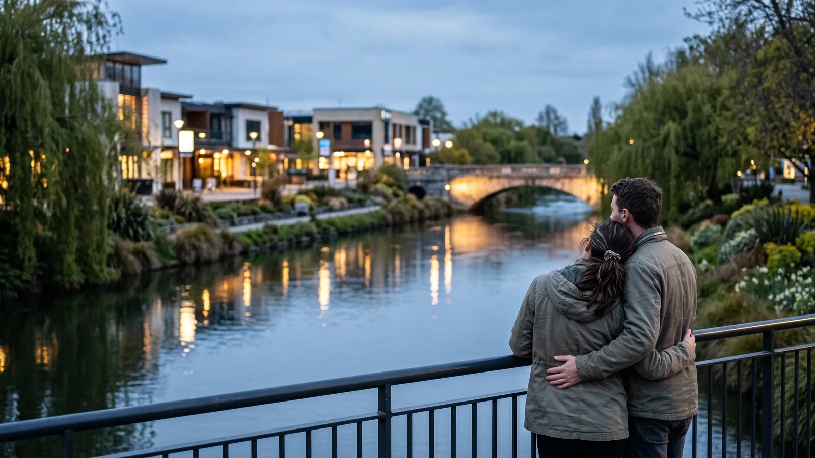 A couple stands close together at a riverside railing on the Avon in central Christchurch at blue hour, lights reflected in the still water (AI-generated image)
