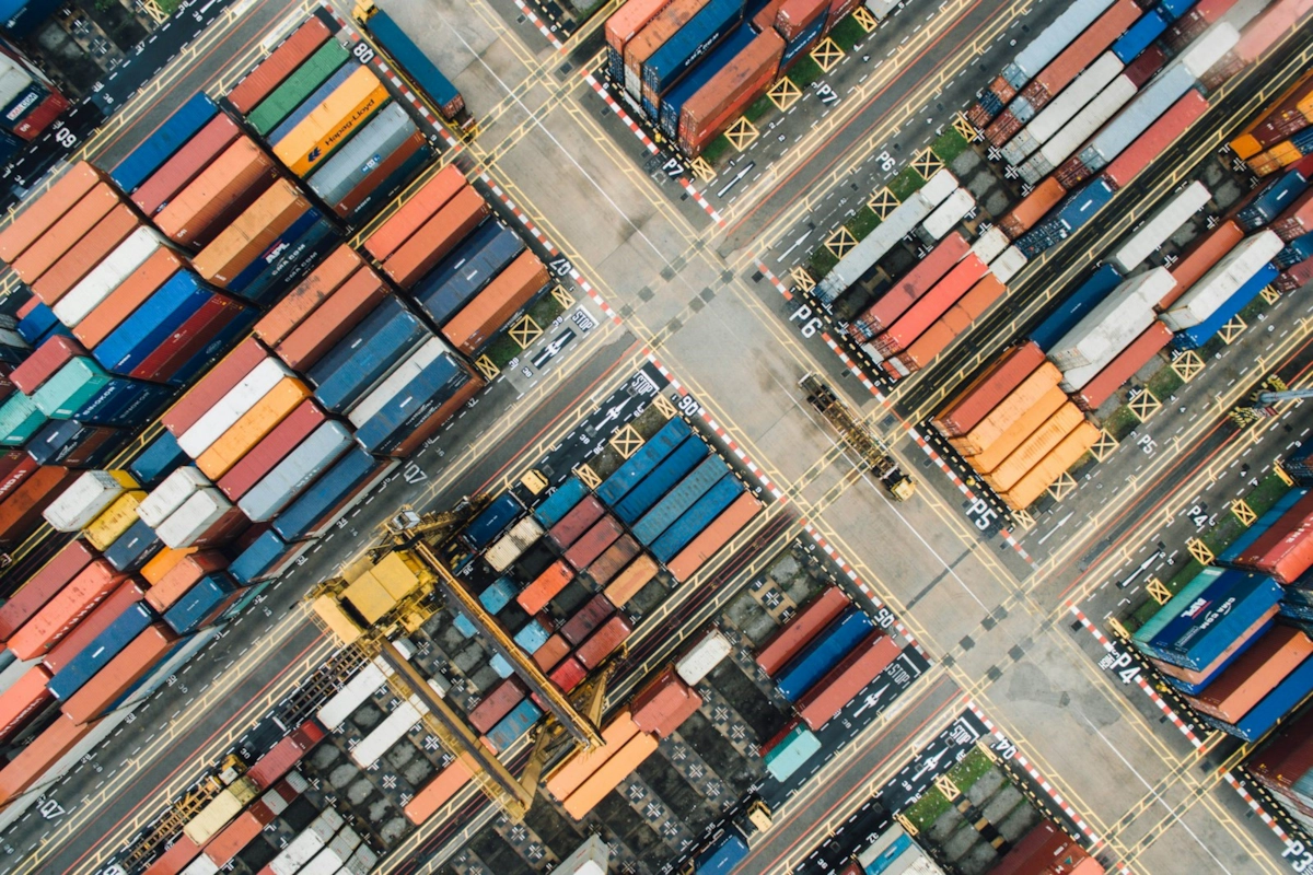 An aerial view of a container port, with every container tracked and accounted for
