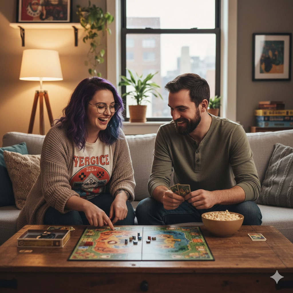 Board gamer on a date at a game cafe