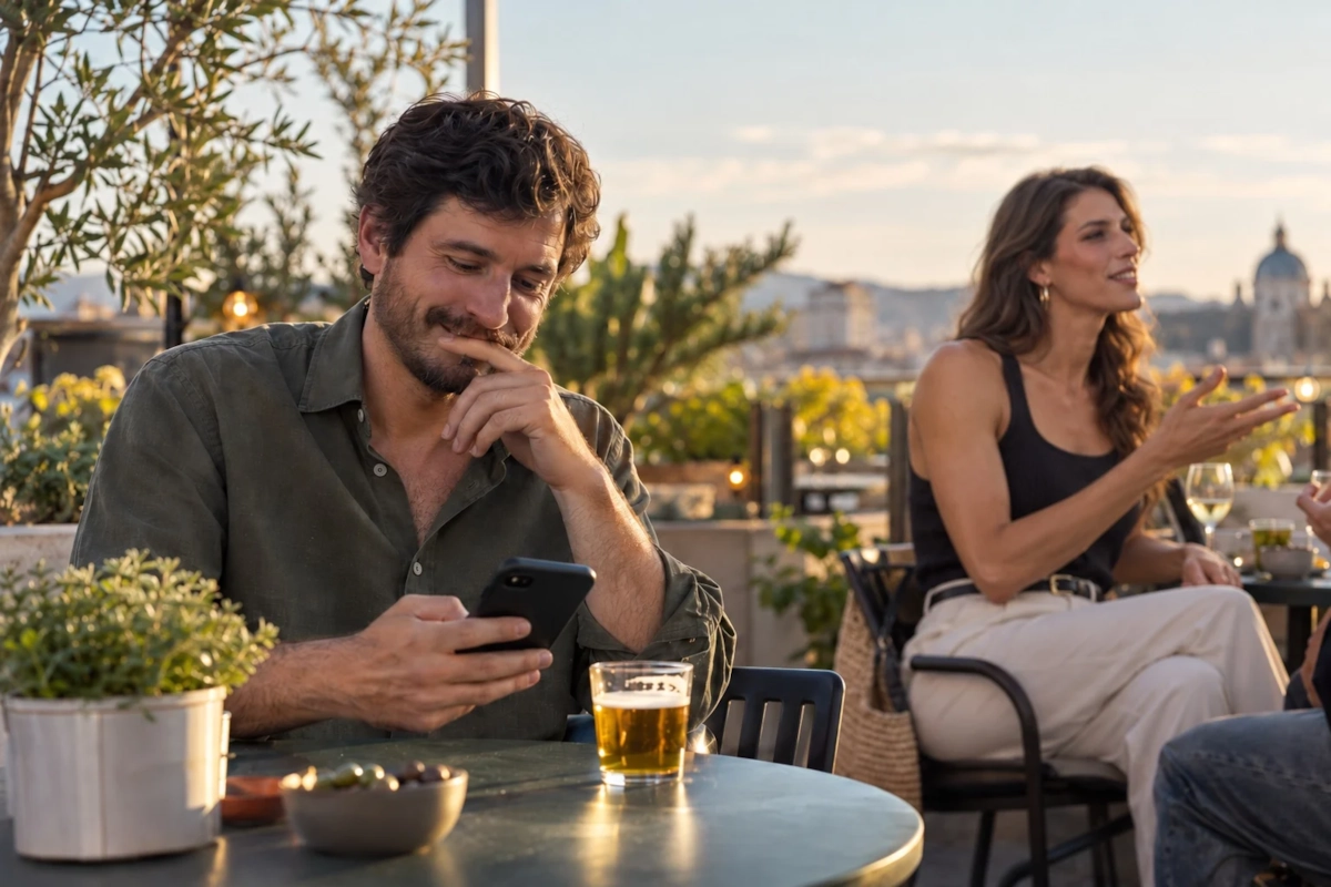 Hombre escribiendo el primer mensaje a alguien en una app de citas desde una terraza