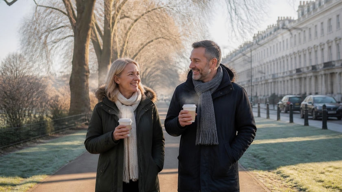 A couple in winter coats walking along a tree lined promenade on a frosty morning with takeaway coffees