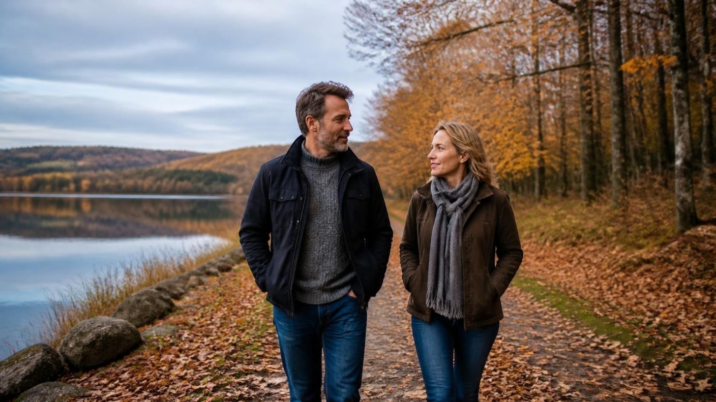 A man and woman walking and talking along a lakeside path in autumn