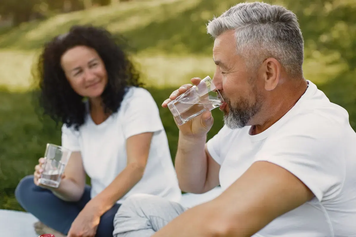 A smiling couple relaxing on the grass with glasses of water on a sunny day