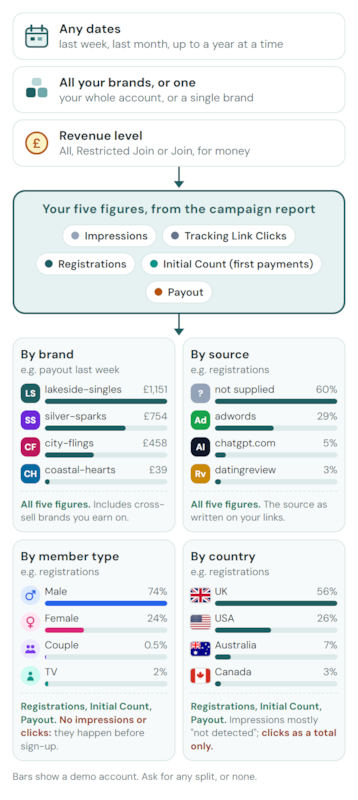 Three choices, any dates, all your brands or one, and the revenue level, lead to five figures: Impressions, Tracking Link Clicks, Registrations, Initial Count and Payout. By brand and by source carry all five. By member type, Male, Female, Couple and TV, carries registrations, first payments and payout, not impressions or clicks. By country carries the same, with most impressions not detected and clicks as a total only. The bars show a demo account.