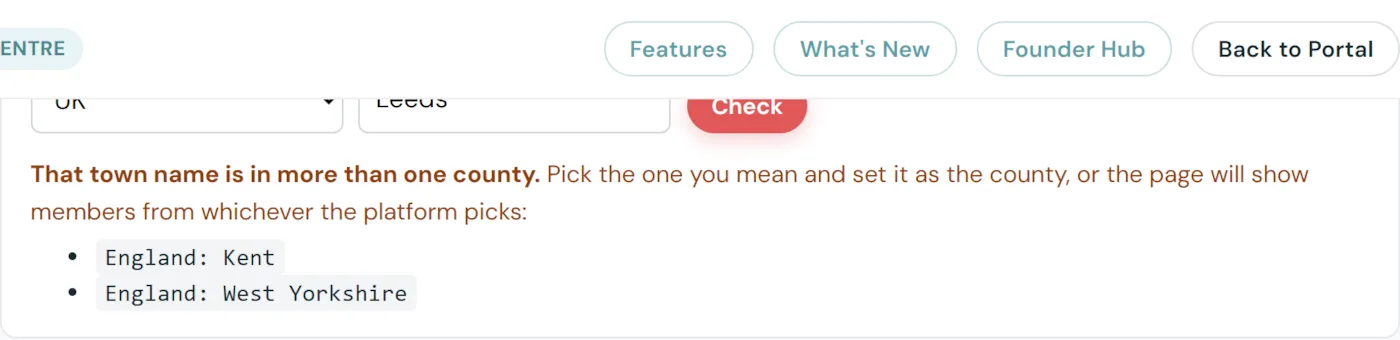 The place-name checker in the help guide: Leeds typed in, and the result showing it sits in two counties and asking which one is meant.