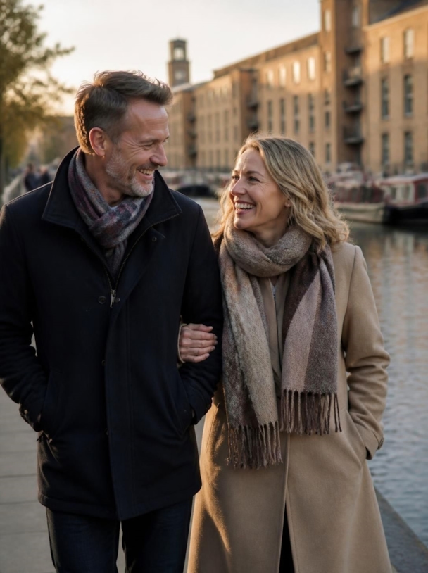 A happy couple walking arm in arm along a canal towpath at golden hour