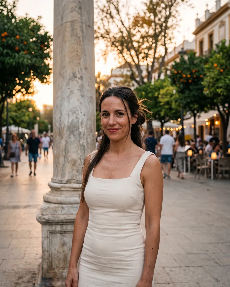 Una mujer con moño bajo, labios rojos y vestido blanco mira a la cámara junto a una columna de la Alameda de Hércules, en Sevilla, al atardecer (imagen generada por IA)