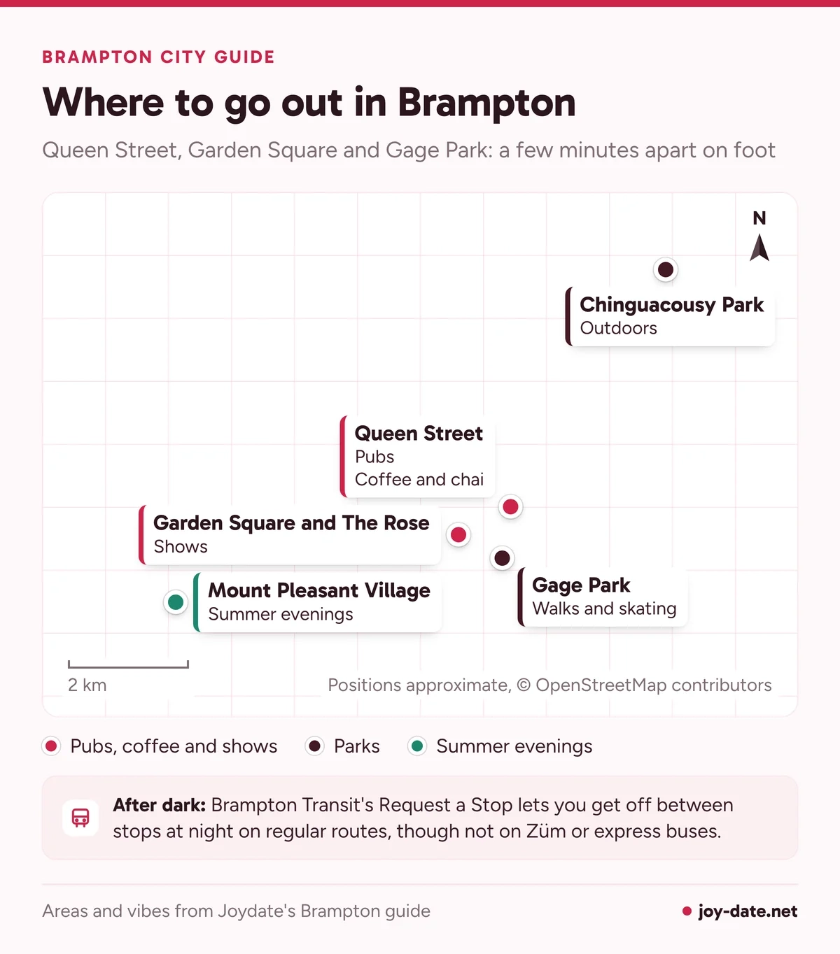 Map of Brampton first-date spots: Queen Street, Garden Square and Gage Park downtown, Chinguacousy Park and Mount Pleasant Village