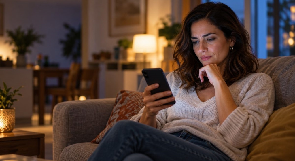 Mujer revisando un perfil antes de iniciar una conversación