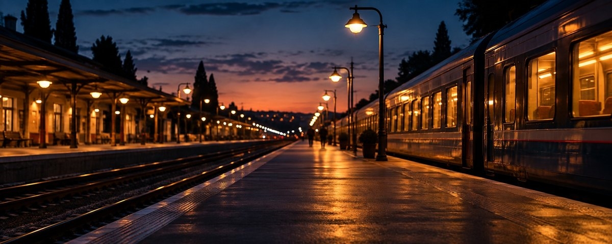 A quiet railway platform at dusk with warm lamps, tracks running to the horizon and a waiting train