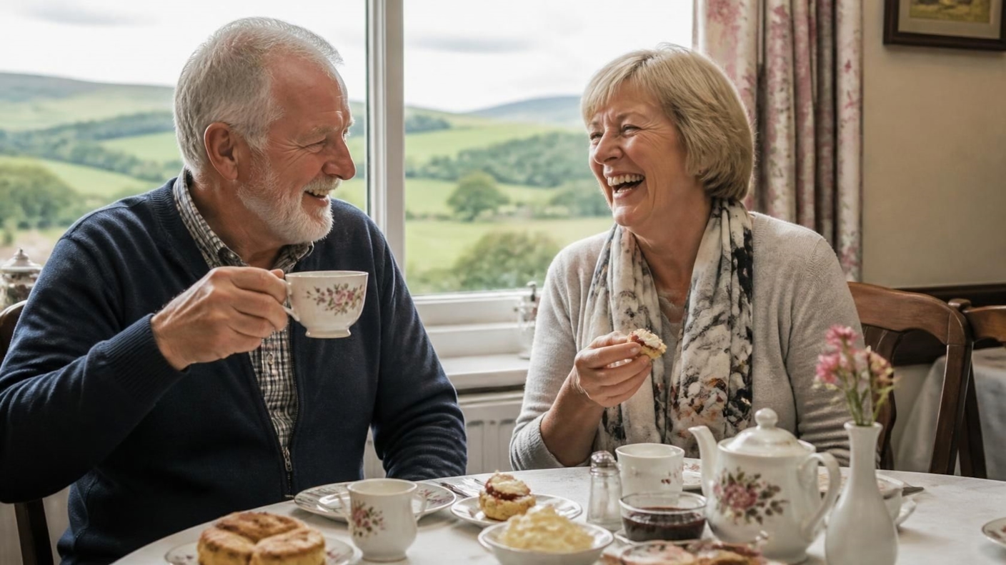 An older couple laughing over tea and scones in a bright tearoom