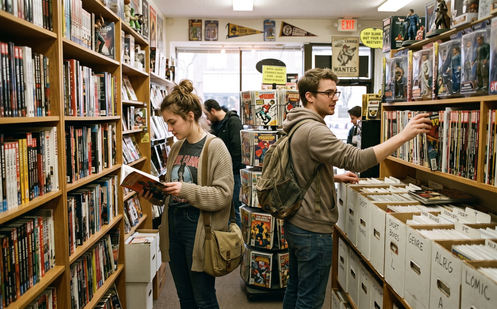 Two people browsing shelves in a comic shop