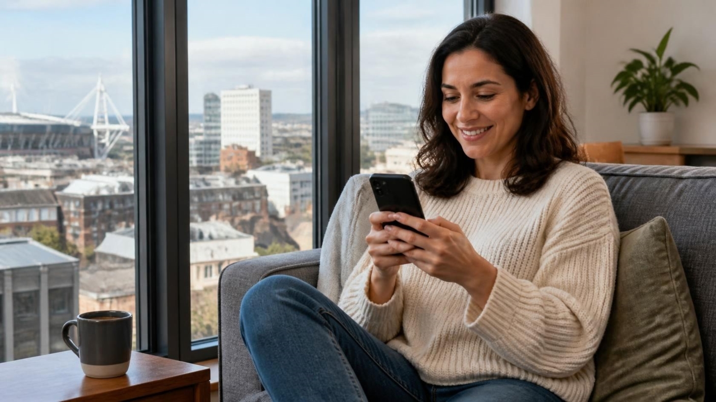 A woman smiling at her phone on a sofa in a bright flat with a window over the rooftops