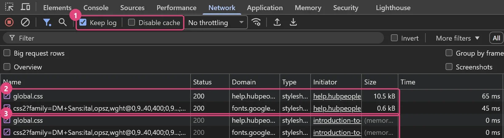 Chrome's Network panel. Keep log is ticked and Disable cache unticked (1). On the first page the stylesheet is downloaded at 10.5 kB (2). On the next page the same stylesheet comes from memory cache in 0 ms (3).