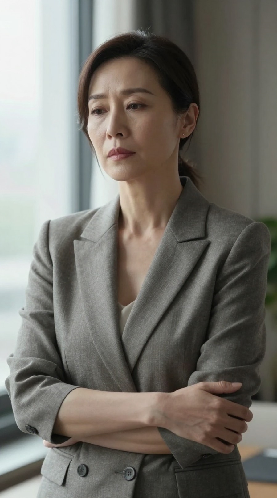 A woman stands with her arms crossed, looking away thoughtfully, in a softly lit room