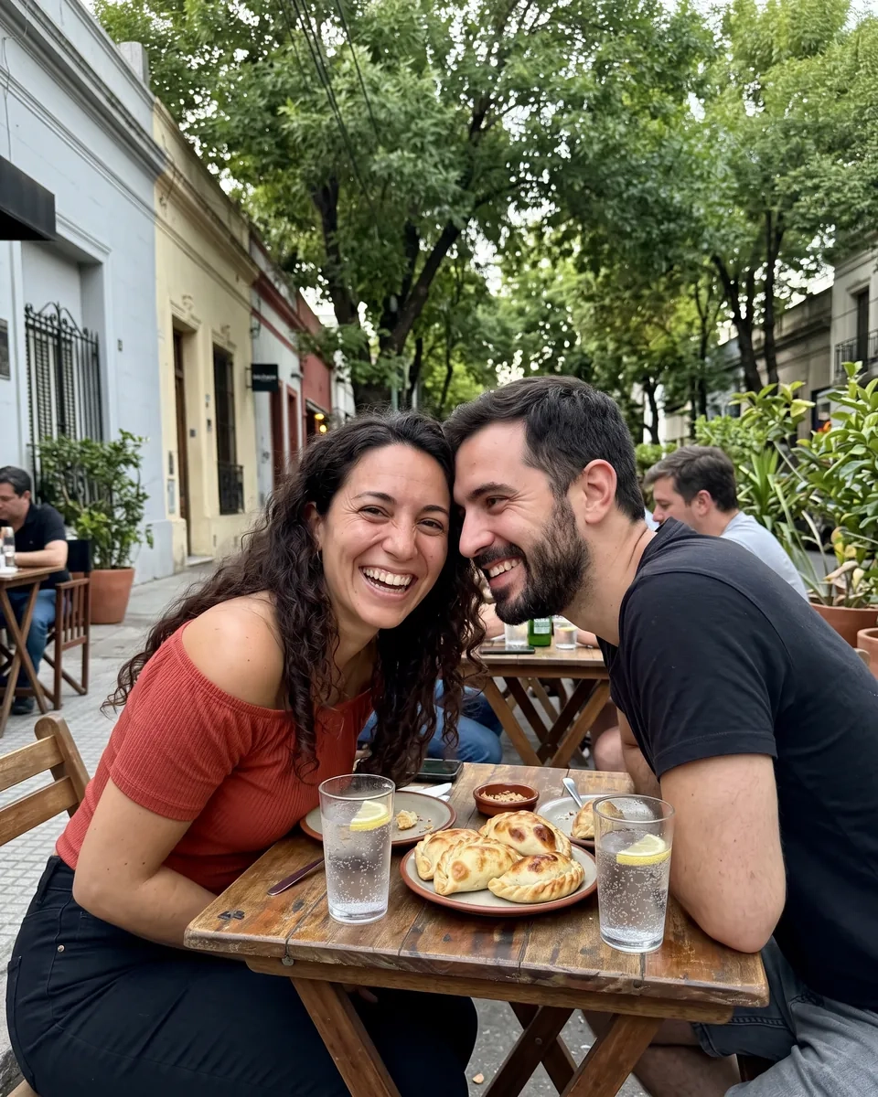 Una pareja se ríe muy junta en una mesa en la vereda bajo los árboles de Palermo Soho, con empanadas y vasos de soda (imagen generada por IA)