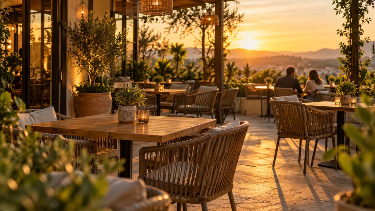 Terraza de un café tranquila al atardecer, con mesas de madera y una pareja conversando al fondo