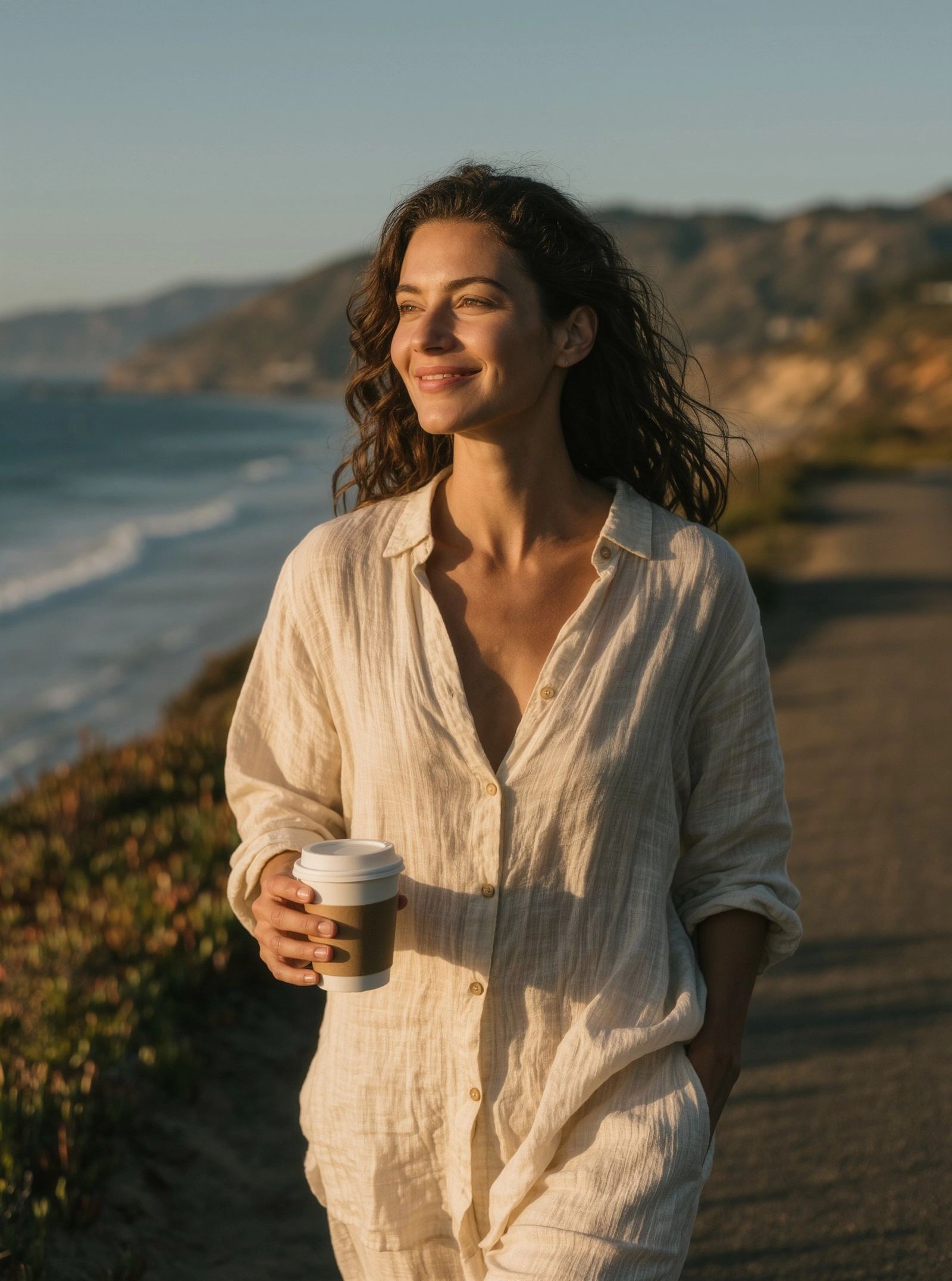 A woman holding a coffee on a coastal path in California at golden hour