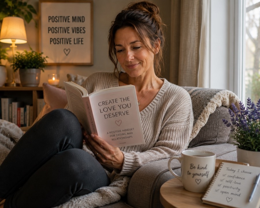 A woman sits curled up on a sofa reading a book titled 'Create the Love You Deserve — A Positive Mindset for Dating and Relationships,' with a mug reading 'be kind to yourself' and a notebook nearby