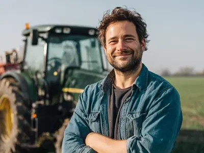 A farmer standing in front of a tractor, smiling