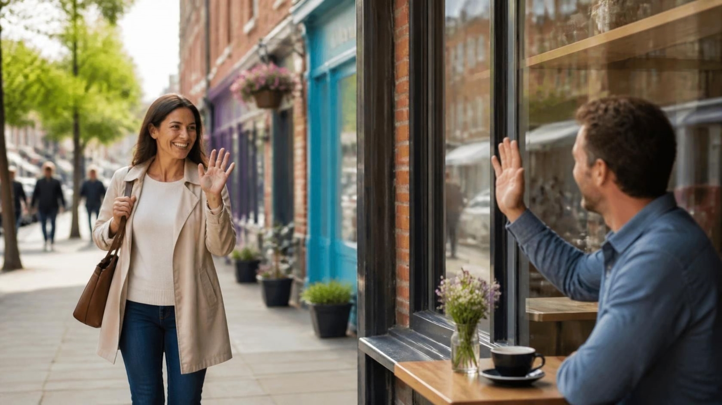 A woman waving hello to a man at a café window on a street of red brick shops