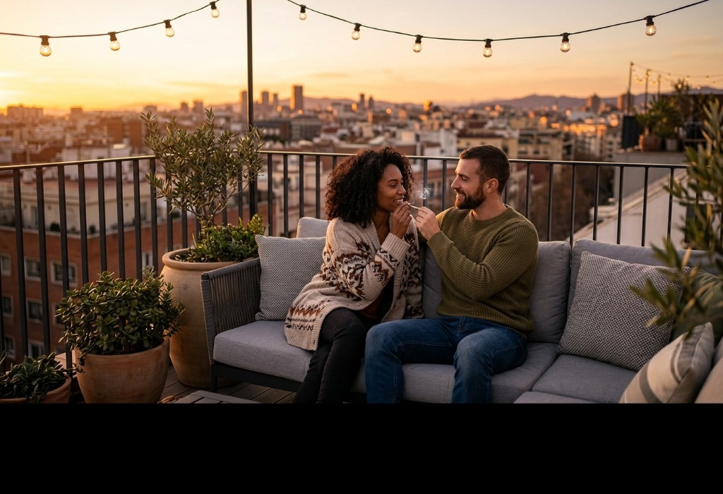 A couple sharing a joint on a rooftop at sunset discussing cannabis compatibility