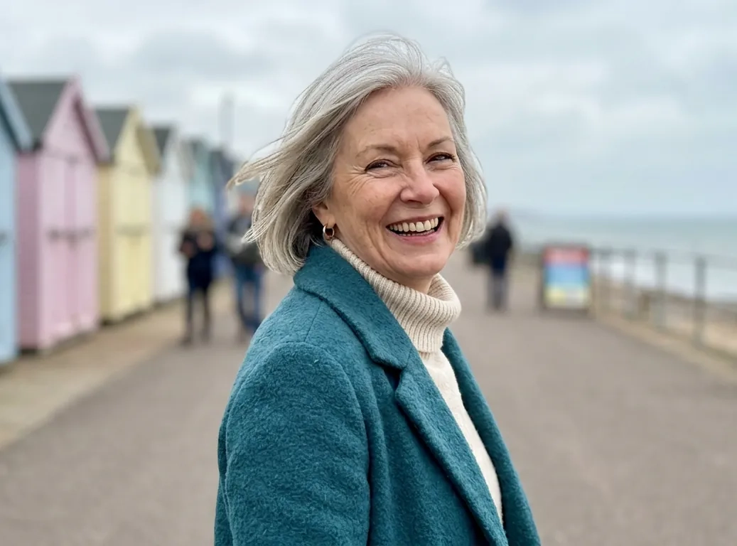 A woman in her mid sixties with a silver bob and a teal coat laughs as she turns towards the camera on a breezy seaside promenade lined with pastel beach huts (AI-generated image)