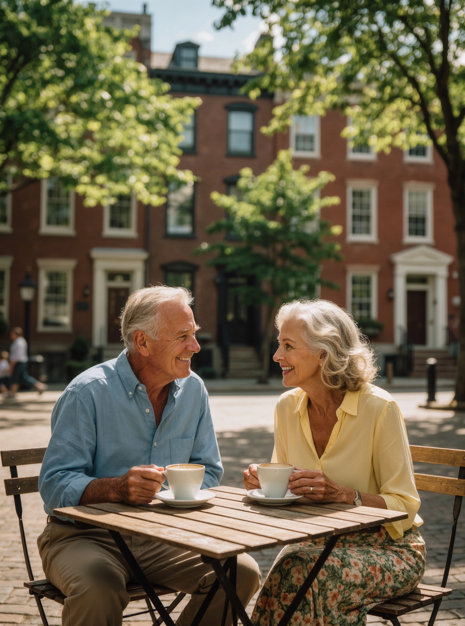 A smiling couple sharing coffee at an outdoor cafe table with brick townhouses and trees behind