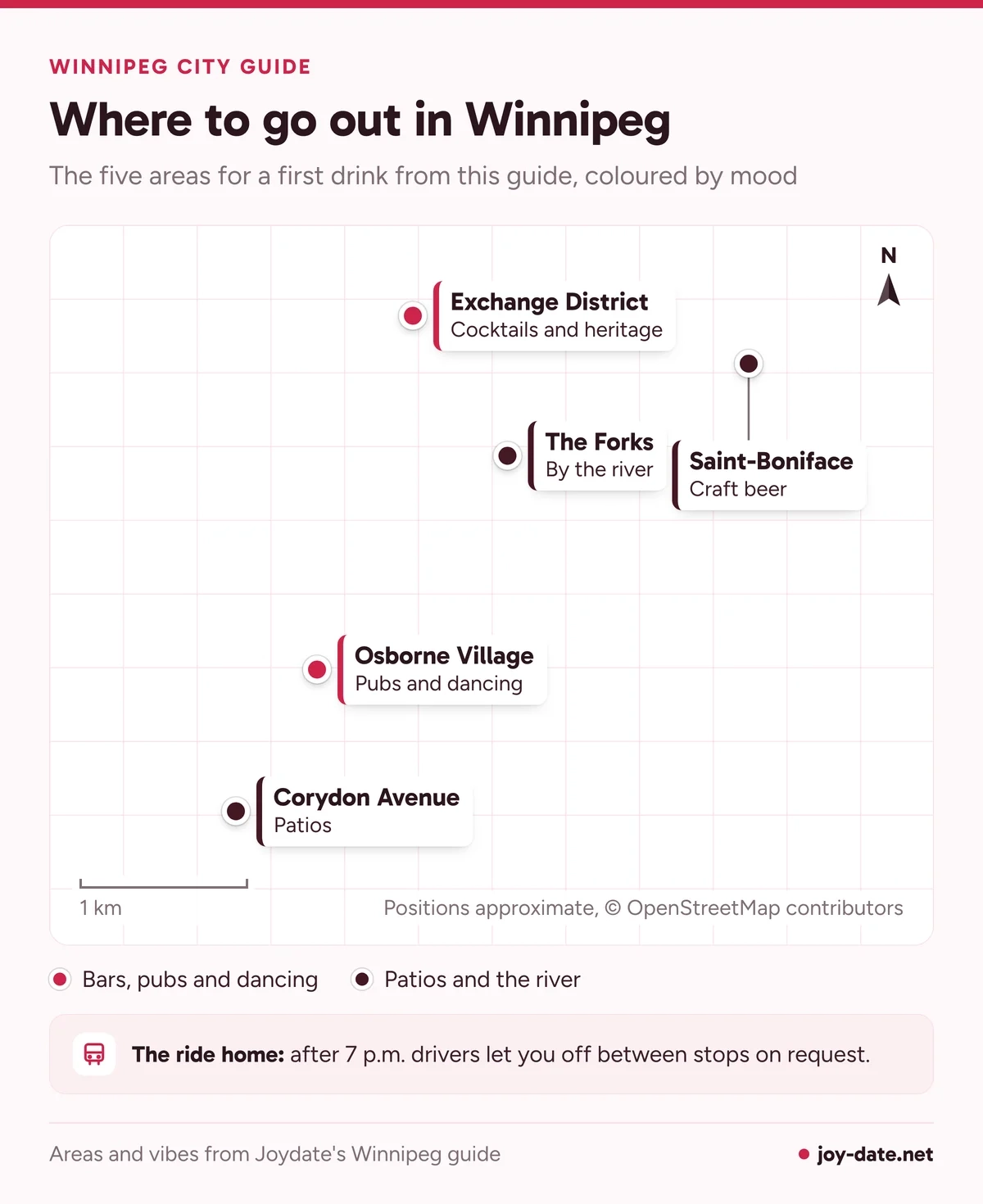 Map of Winnipeg first-drink areas: the Exchange District and Osborne Village, Corydon Avenue, The Forks and Saint-Boniface by the river