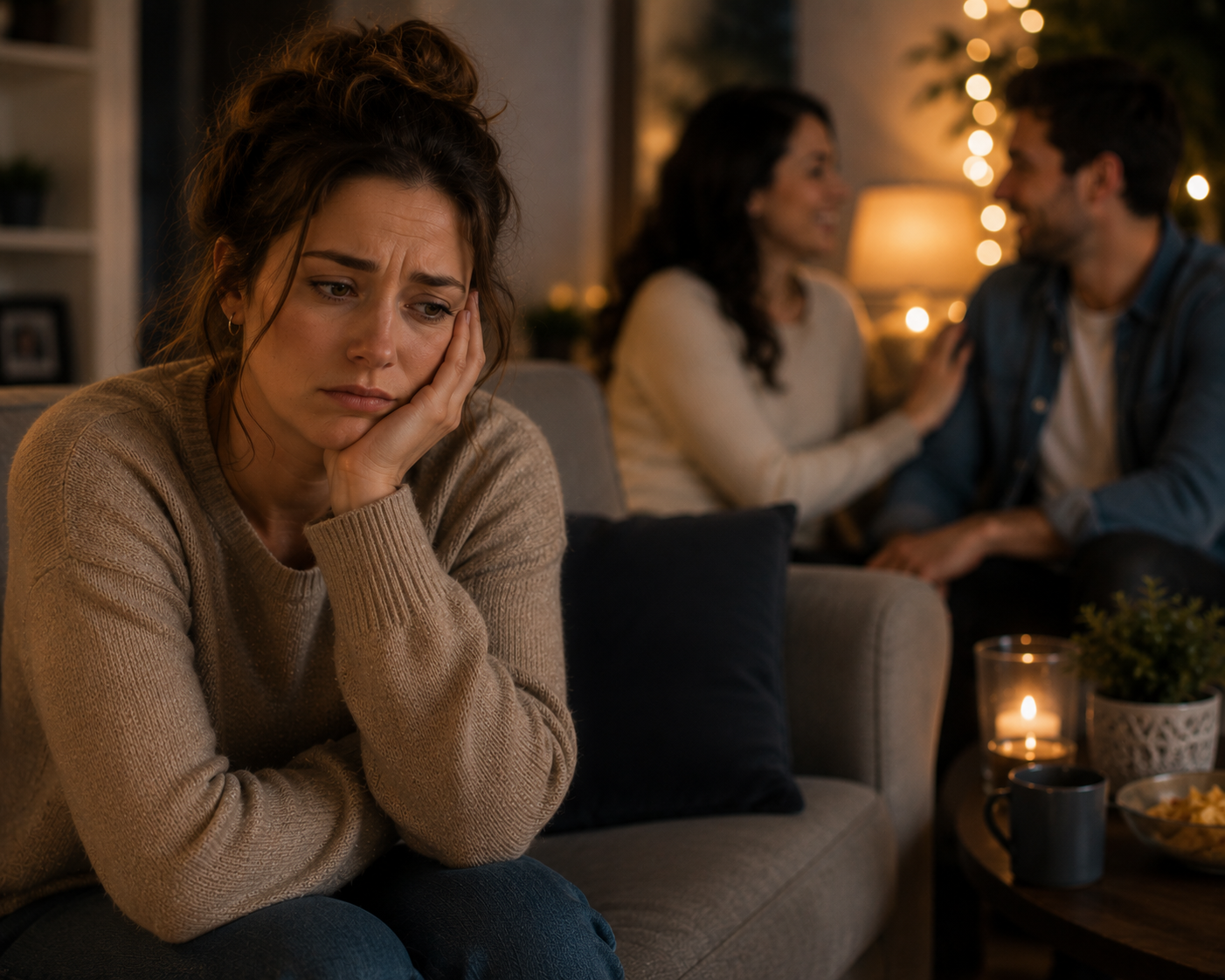 A woman looks troubled and withdrawn on a sofa in the foreground, while a couple talk warmly together in the background