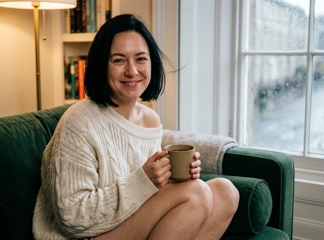A woman with a sleek black bob and a cream cable-knit jumper slipping off one shoulder curls up on a green velvet sofa by a rain-streaked Georgian window, smiling over a mug of tea (AI-generated image)