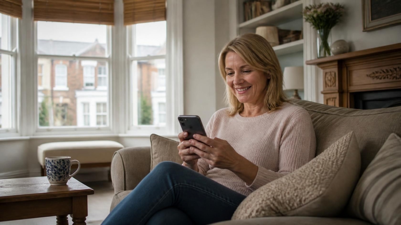 A woman smiling at her phone on a sofa by a bay window
