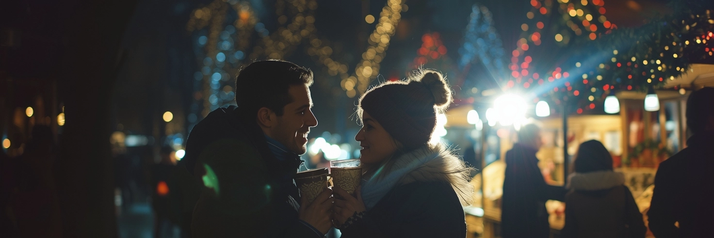 A cozy, atmospheric scene of a couple sharing hot chocolate at a festive outdoor market in Bryant Park, surrounded by winter lights.
