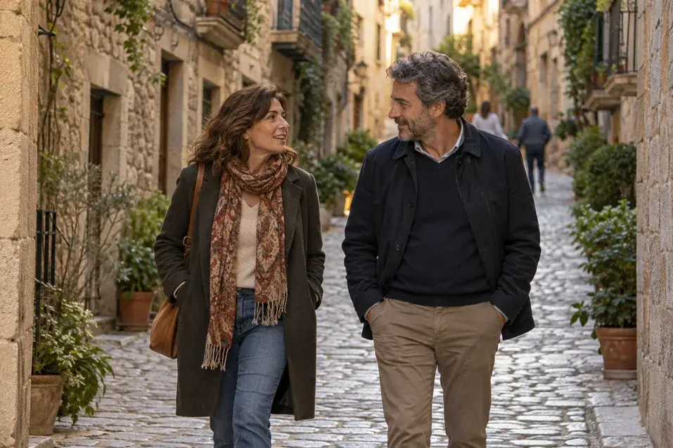 Primera cita en Girona: mujer madura y hombre adulto paseando y conversando por una calle empedrada del casco antiguo