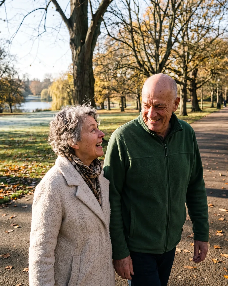 A woman in her early sixties with short curly grey hair and a cream coat and a man in his mid sixties with a green fleece walk slowly side by side along a path in a large autumn park (AI-generated image)