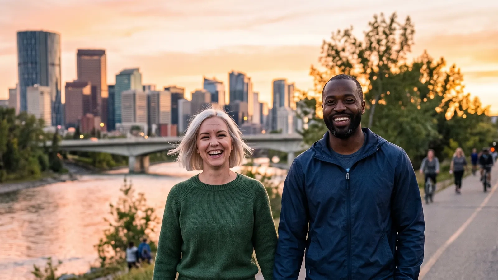 A laughing couple walking the Bow River pathway in Calgary at golden hour, the downtown skyline behind (AI-generated image)