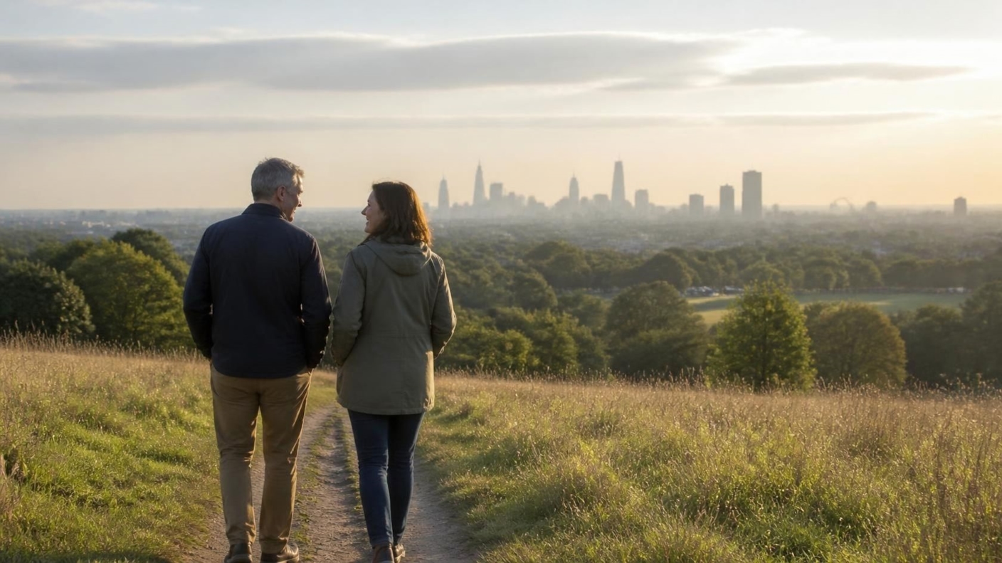 A couple walking along a hilltop path with the London skyline in the distance