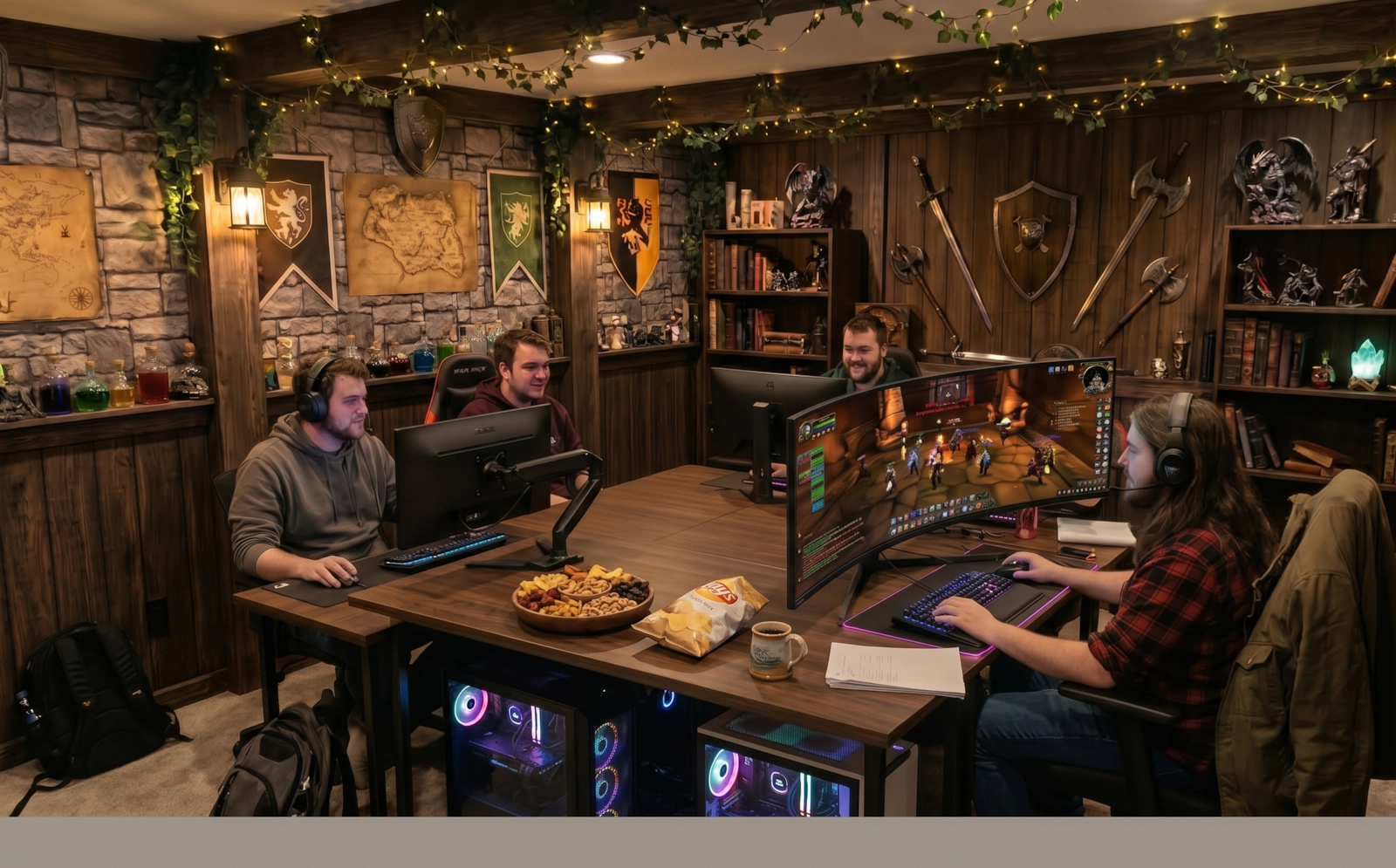 Friends at gaming PCs in a fantasy-decorated room with stone walls and shields