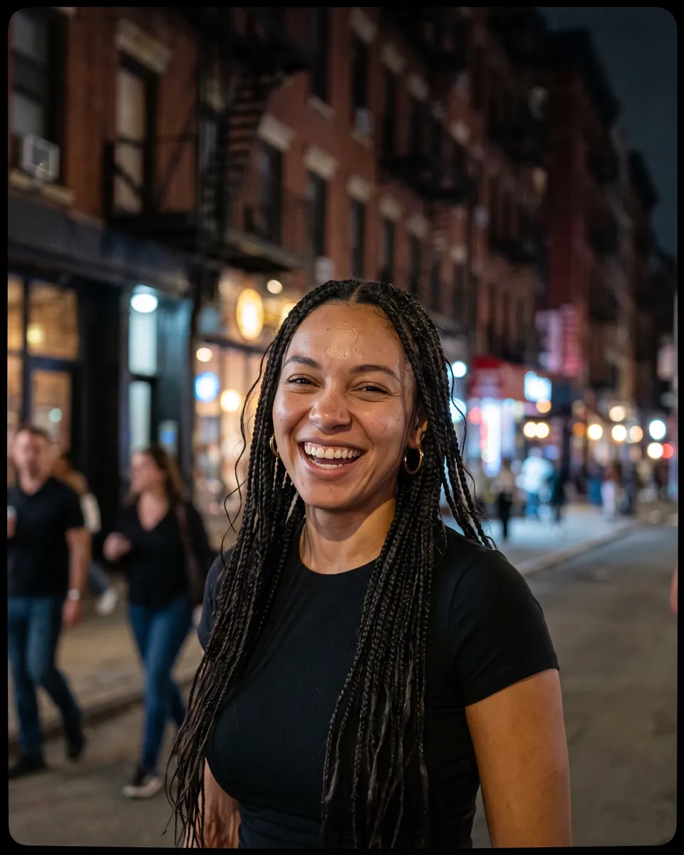 A woman with long braids, a fitted black top and gold hoops laughs on a Lower East Side street at night, fire escapes and bar lights behind her (AI-generated image)