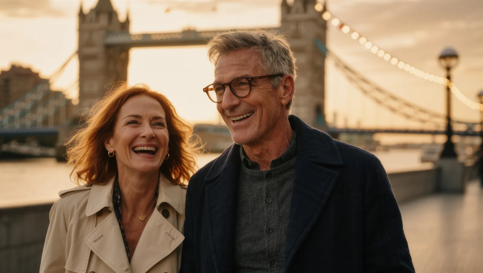 A couple laughing together on the South Bank in London at sunset, with Tower Bridge behind them