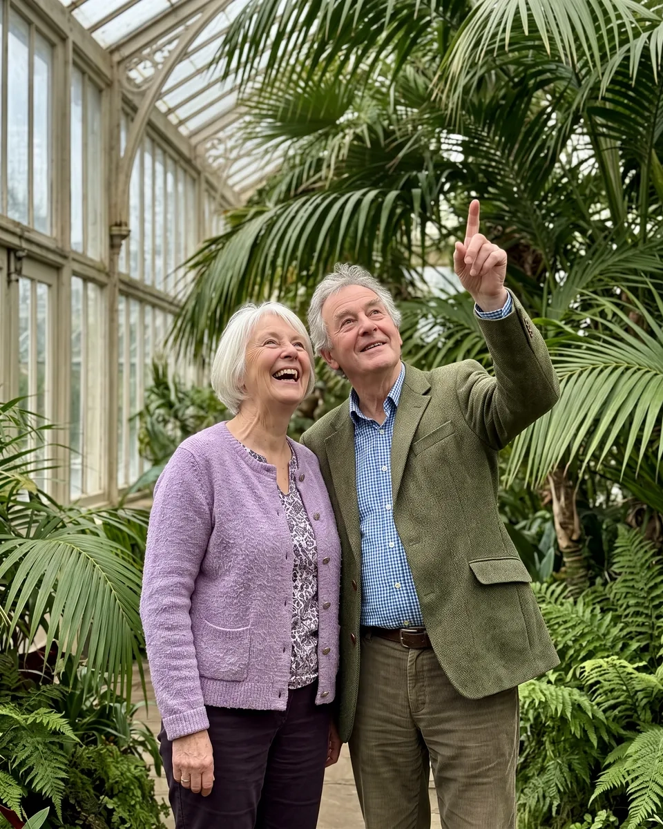 A woman in her late sixties with short white hair and a man in his early seventies in a tweed jacket smile as they look up at tall palms inside a Victorian glasshouse (AI-generated image)
