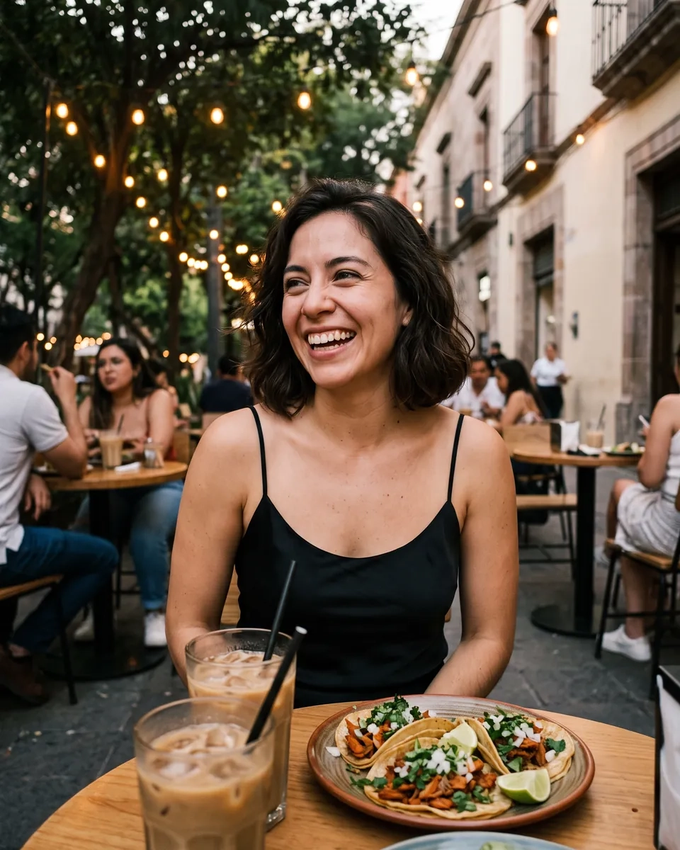 Una mujer de melena corta y top negro de tirantes se ríe en una terraza arbolada con luces de guirnalda, con dos cafés helados y tacos en la mesa (imagen generada por IA)