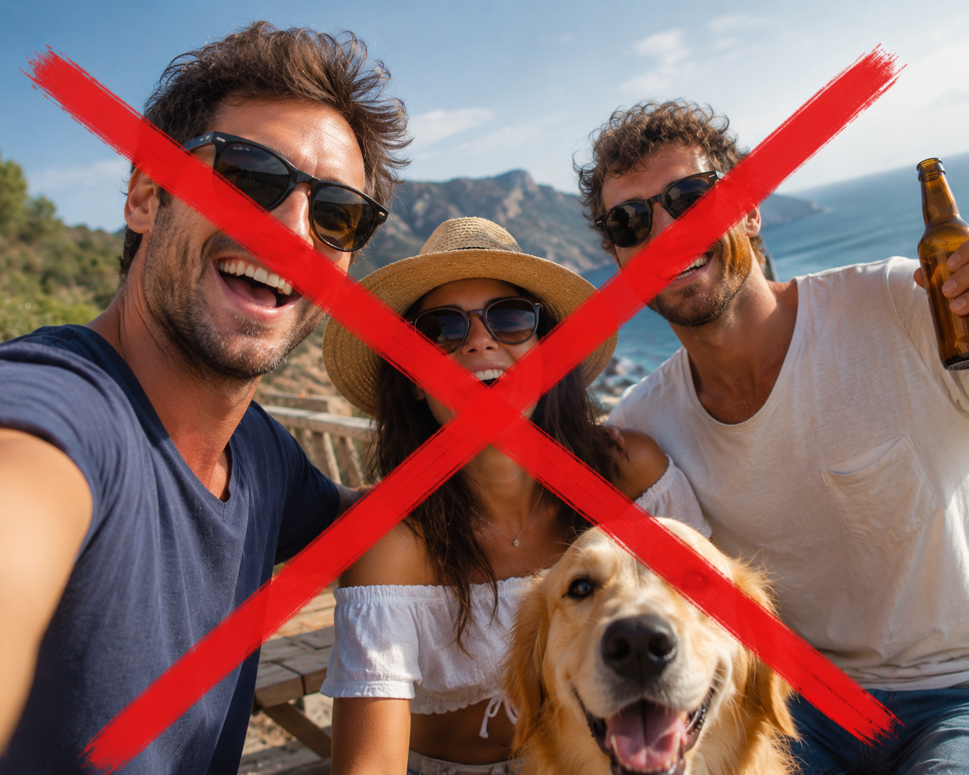 A crossed-out group selfie of three people wearing sunglasses and a hat, one holding a beer, with a dog in front, marked with a large red X