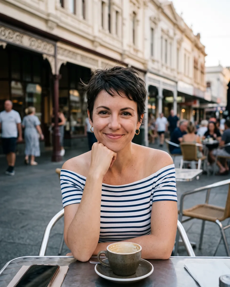 A woman with a short dark pixie cut and a striped off-the-shoulder top smiles over a coffee at a pavement table on the Cappuccino Strip in Fremantle at dusk (AI-generated image)