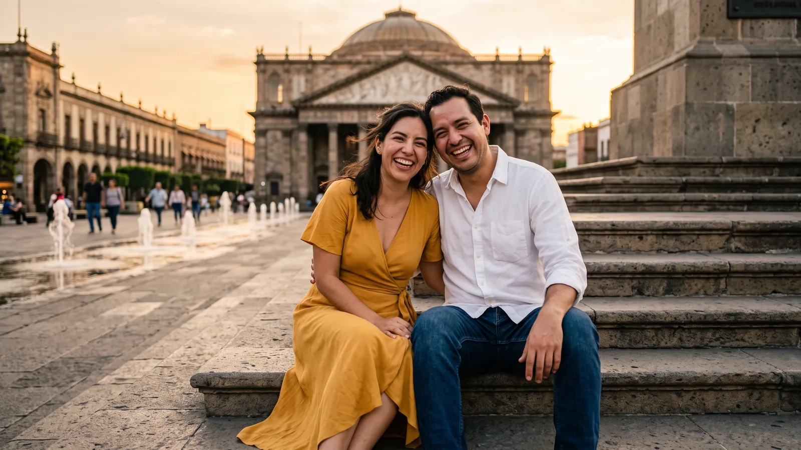 Una pareja se ríe sentada en los escalones de una larga plaza peatonal con fuentes y un edificio neoclásico con cúpula al fondo, al atardecer (imagen generada por IA)