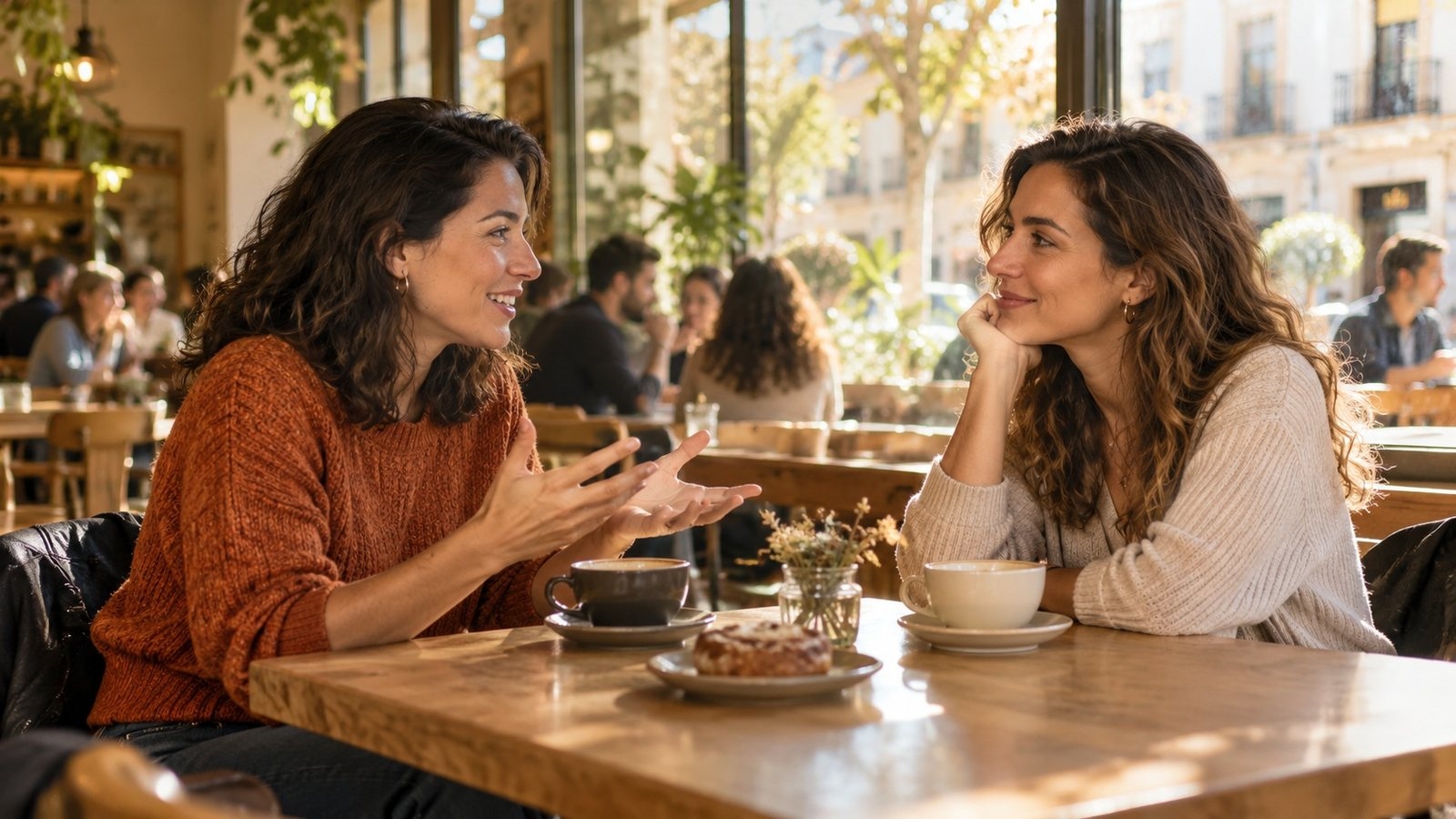 Dos mujeres conociéndose por primera vez en una cafetería luminosa