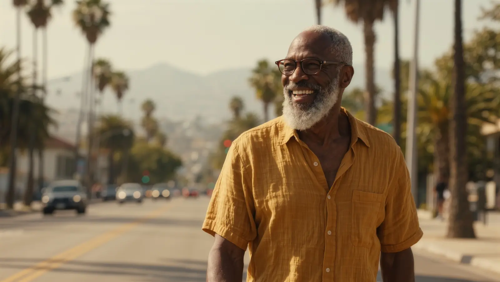 A laughing man in his late 50s with short grey hair, a grey beard and glasses, in a mustard-yellow linen shirt on a sunlit Los Angeles boulevard lined with palm trees
