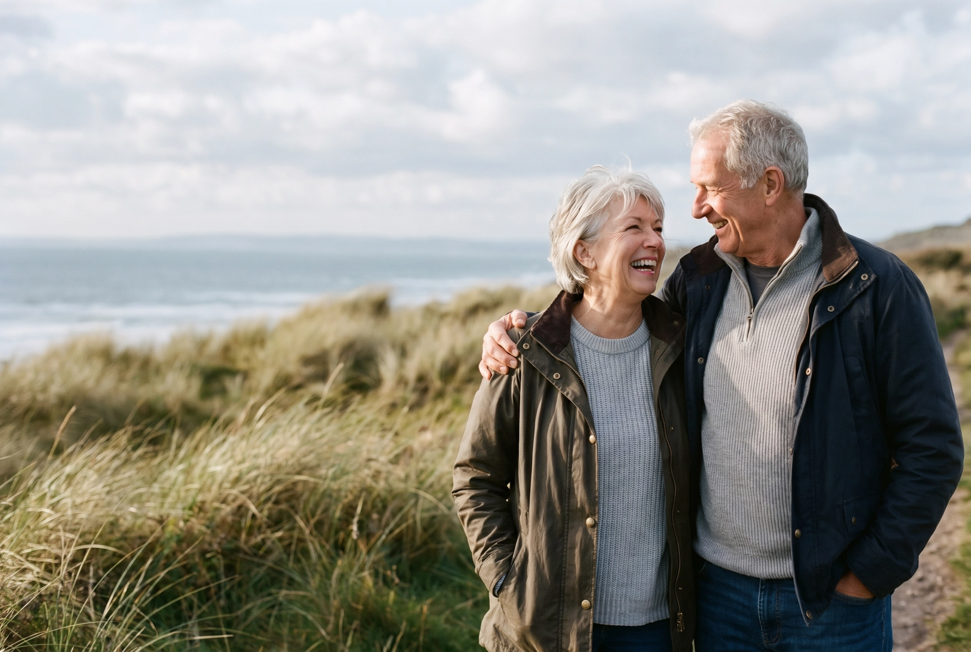 A happy grey-haired couple laughing together on a coastal path