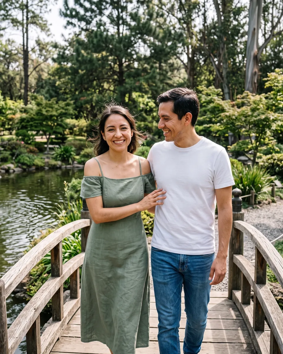 Una pareja cruza un pequeño puente de madera en un jardín de estilo japonés con estanque y pinos, mirándose y sonriendo (imagen generada por IA)